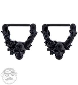 14G Black PVD Skull & Roses Nipple Clicker