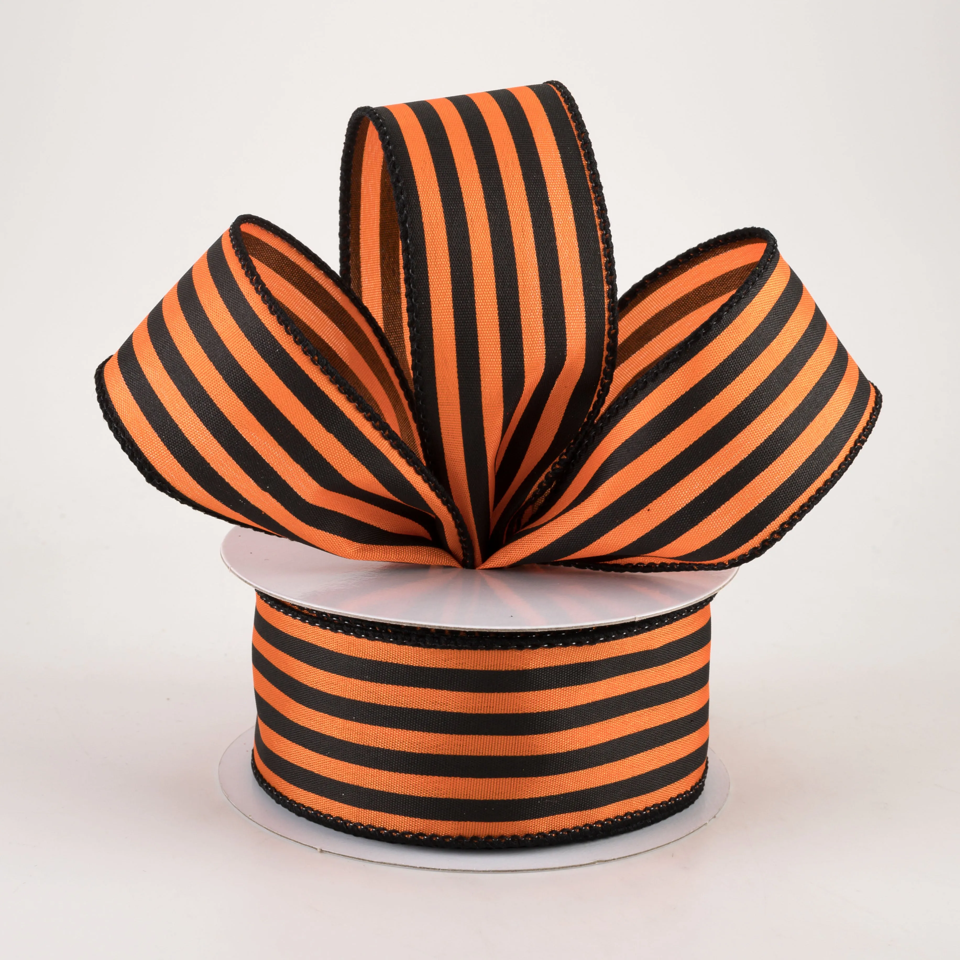 1.5" Cabana Stripes Ribbon: Black on Orange Satin (10 Yards)