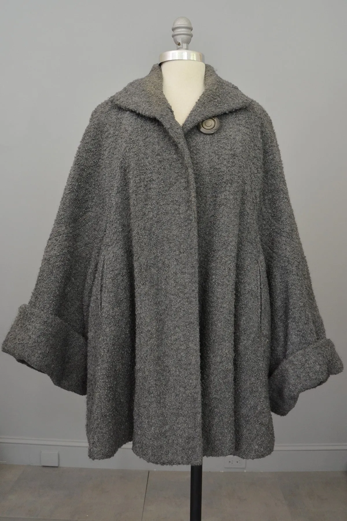 1940s Grey Boucle Swing Coat with Cuffed Bell Sleeves