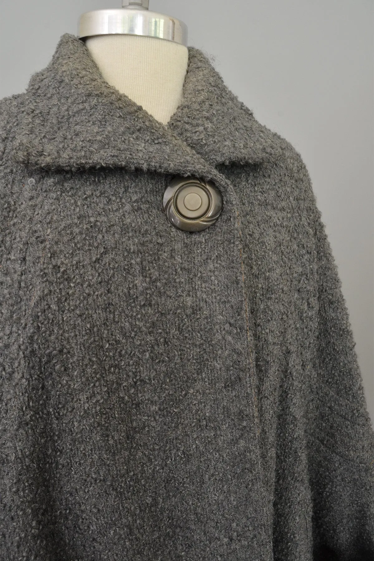 1940s Grey Boucle Swing Coat with Cuffed Bell Sleeves