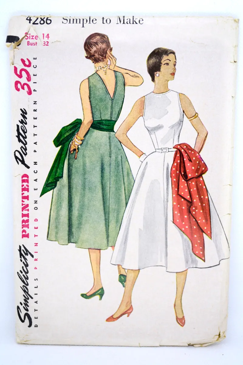 1953 Vintage Simplicity 4286 Dress & Sash Sewing Pattern