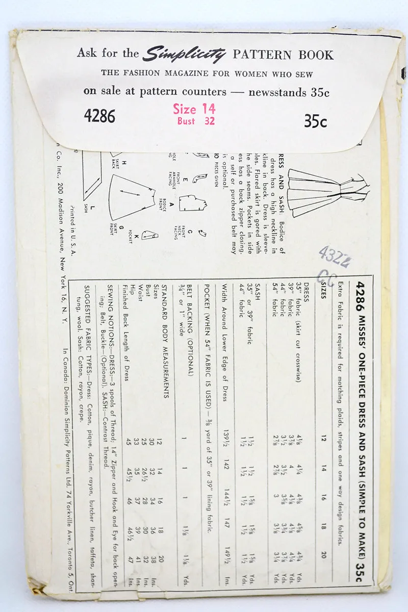 1953 Vintage Simplicity 4286 Dress & Sash Sewing Pattern