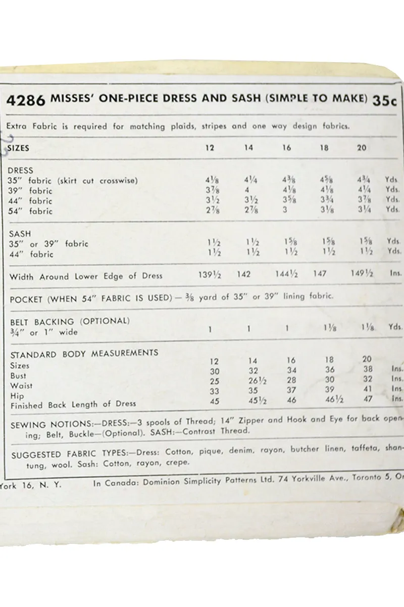 1953 Vintage Simplicity 4286 Dress & Sash Sewing Pattern
