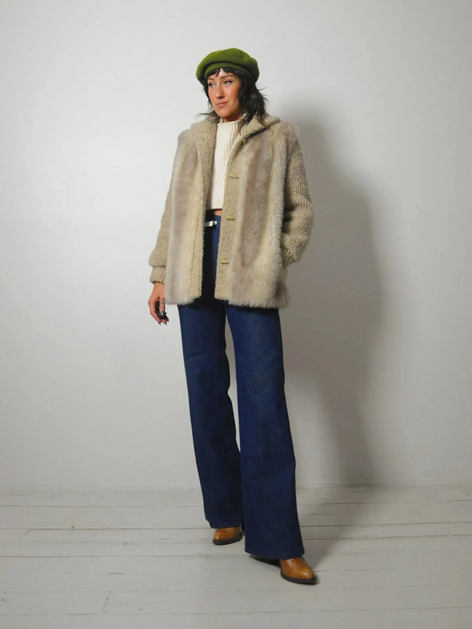 1970's Oatmeal Knit & Faux Fur Coat