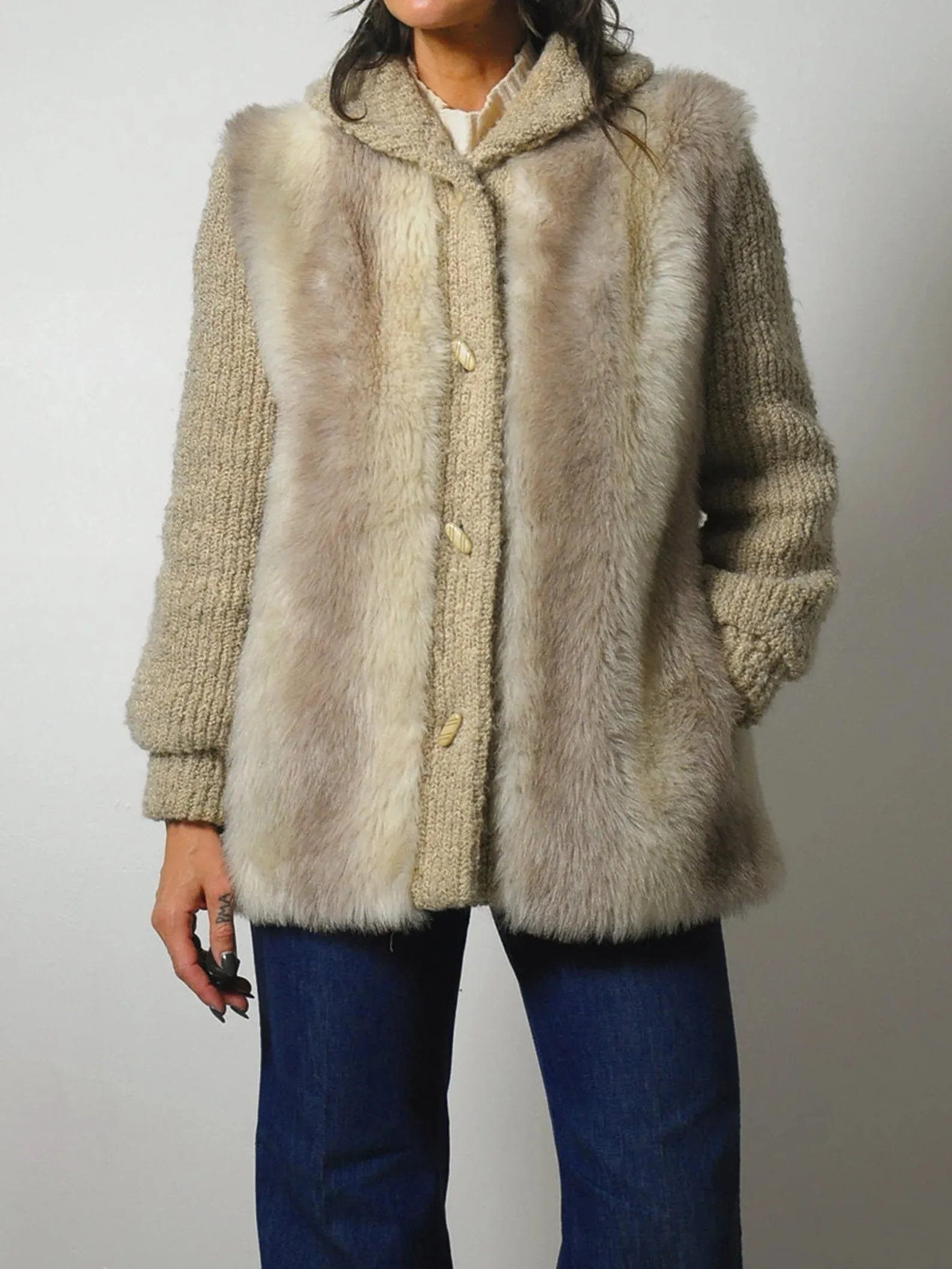 1970's Oatmeal Knit & Faux Fur Coat