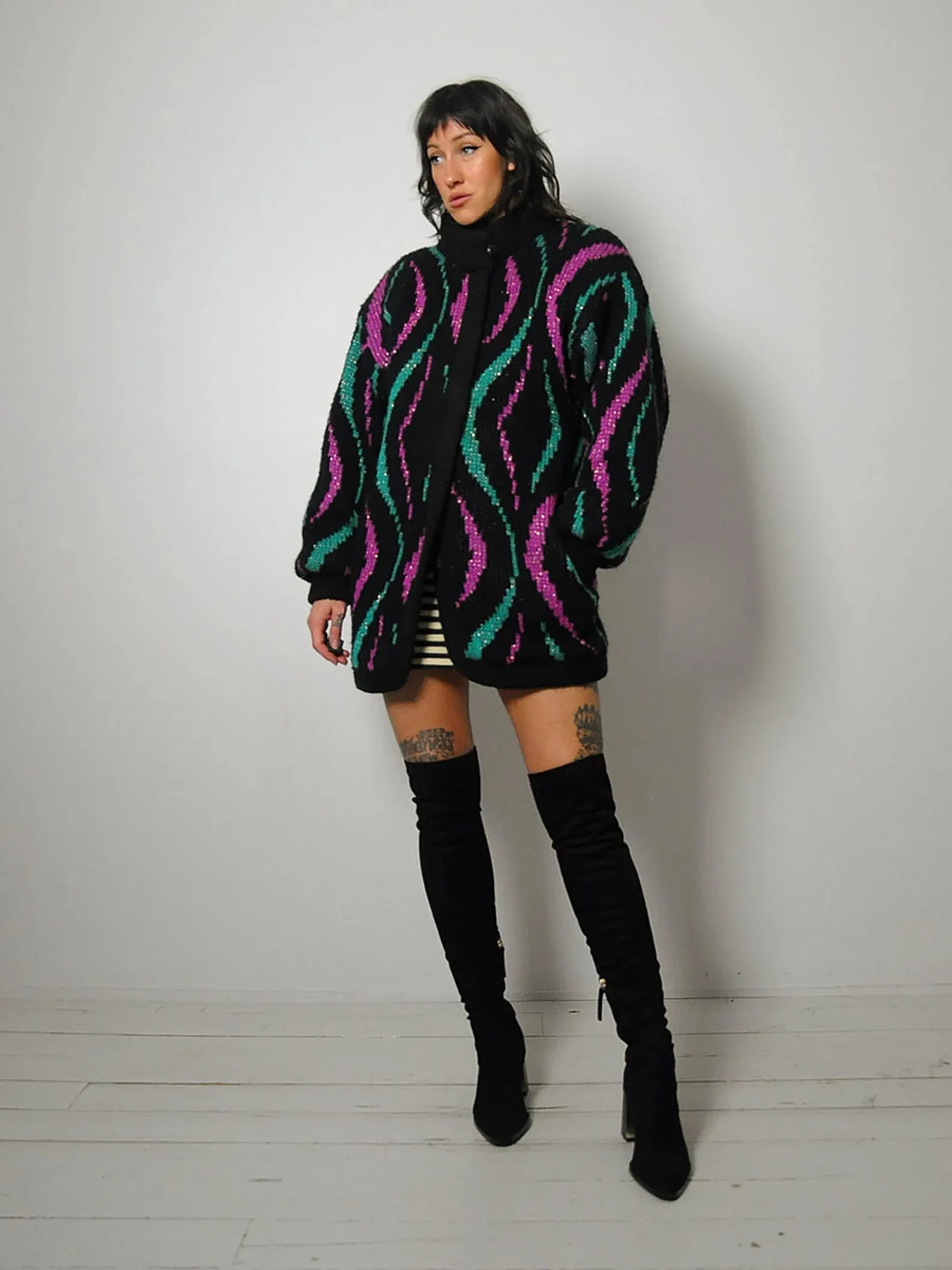 1980's Abstract Metallic Knit Sweater Coat