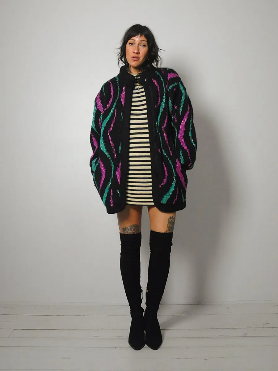 1980's Abstract Metallic Knit Sweater Coat