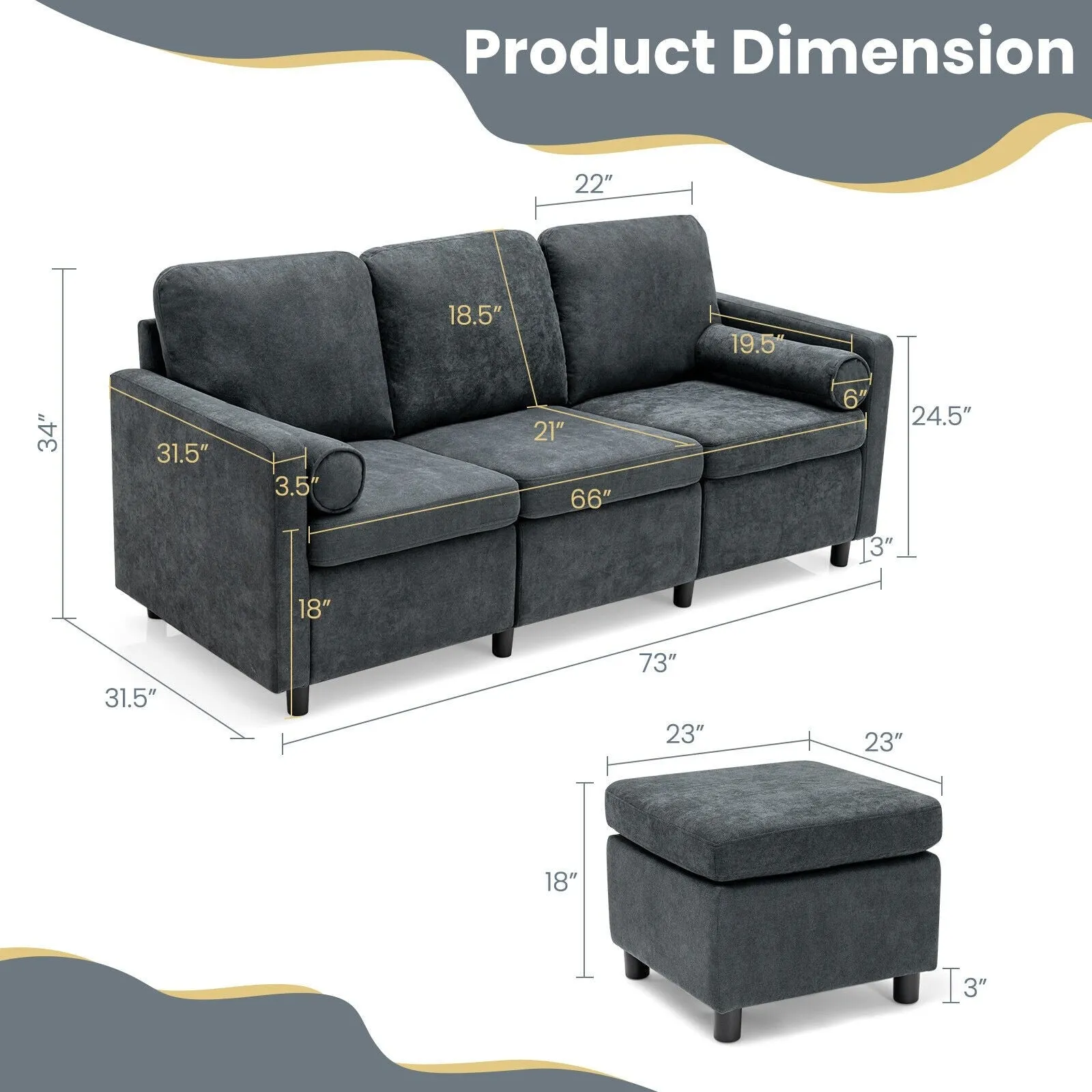 3 Seater Sofa with Ottoman - Gray