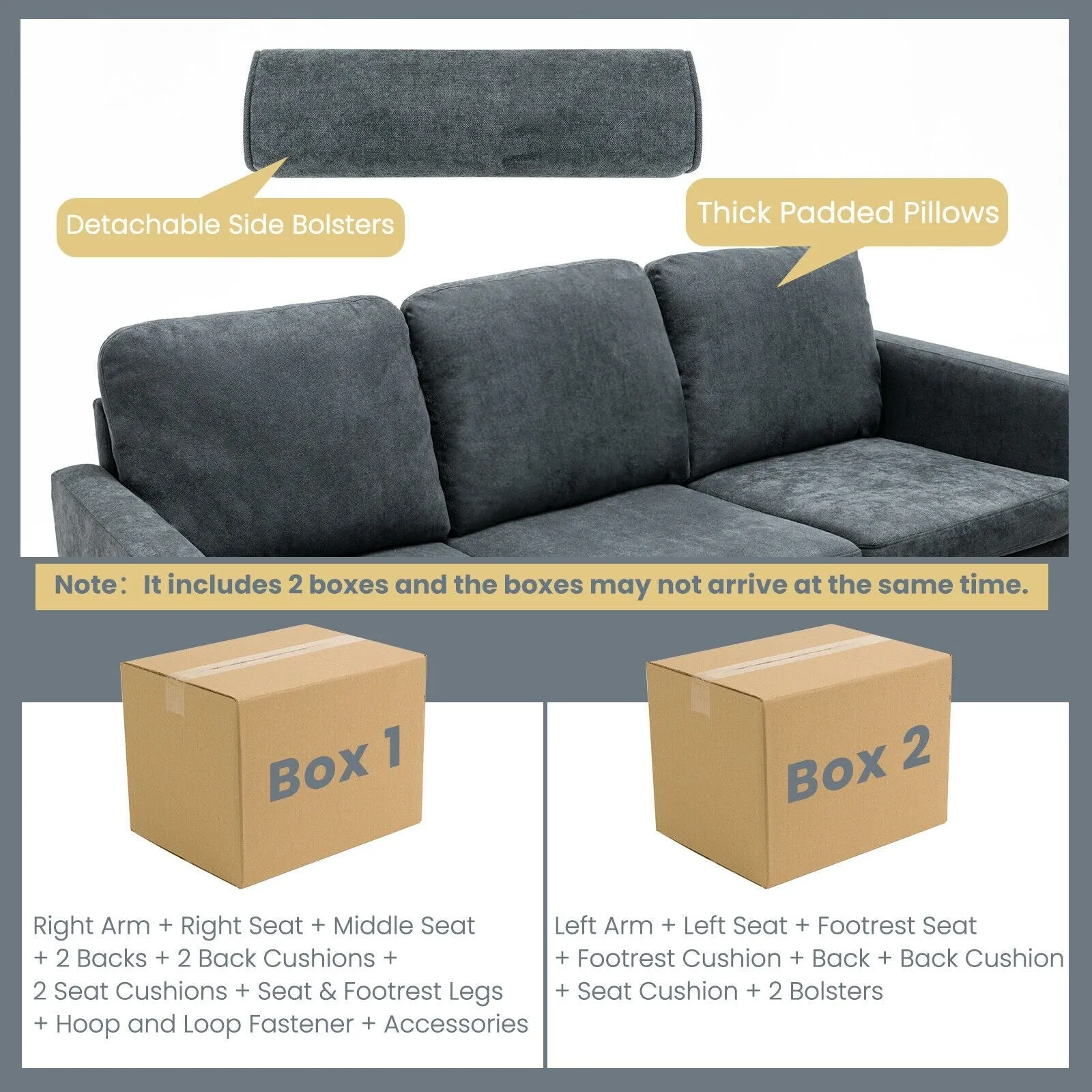 3 Seater Sofa with Ottoman - Gray