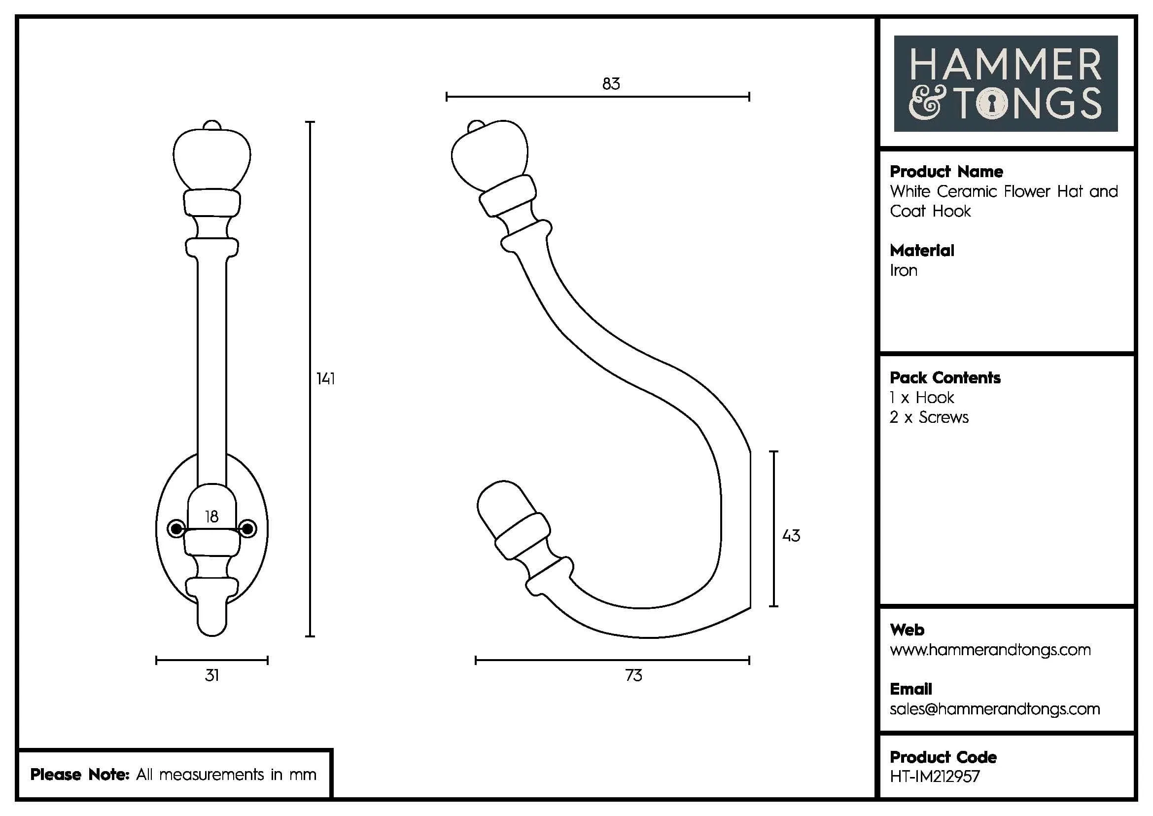 30mm x 140mm Black Ceramic Flower Hat & Coat Hook - By Hammer & Tongs