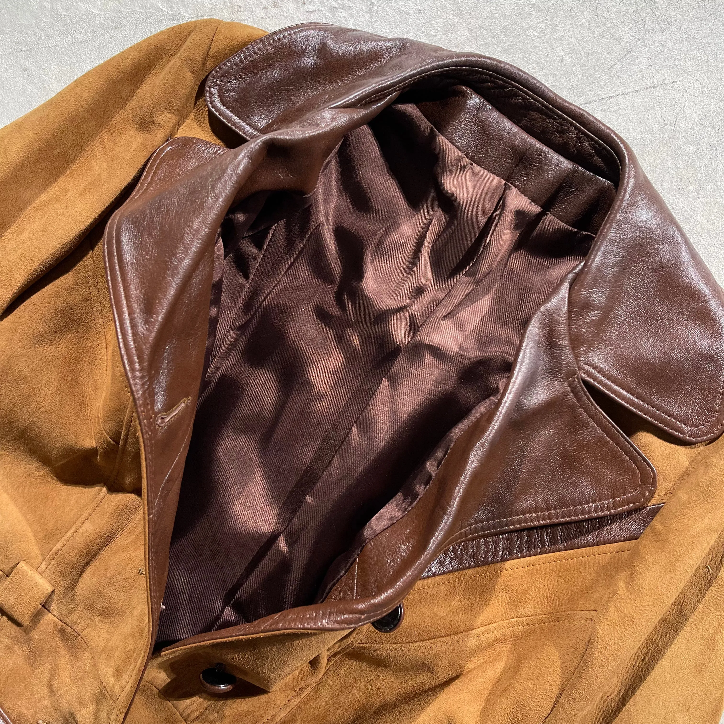 70s Tan Suede & Leather Trench Coat- M