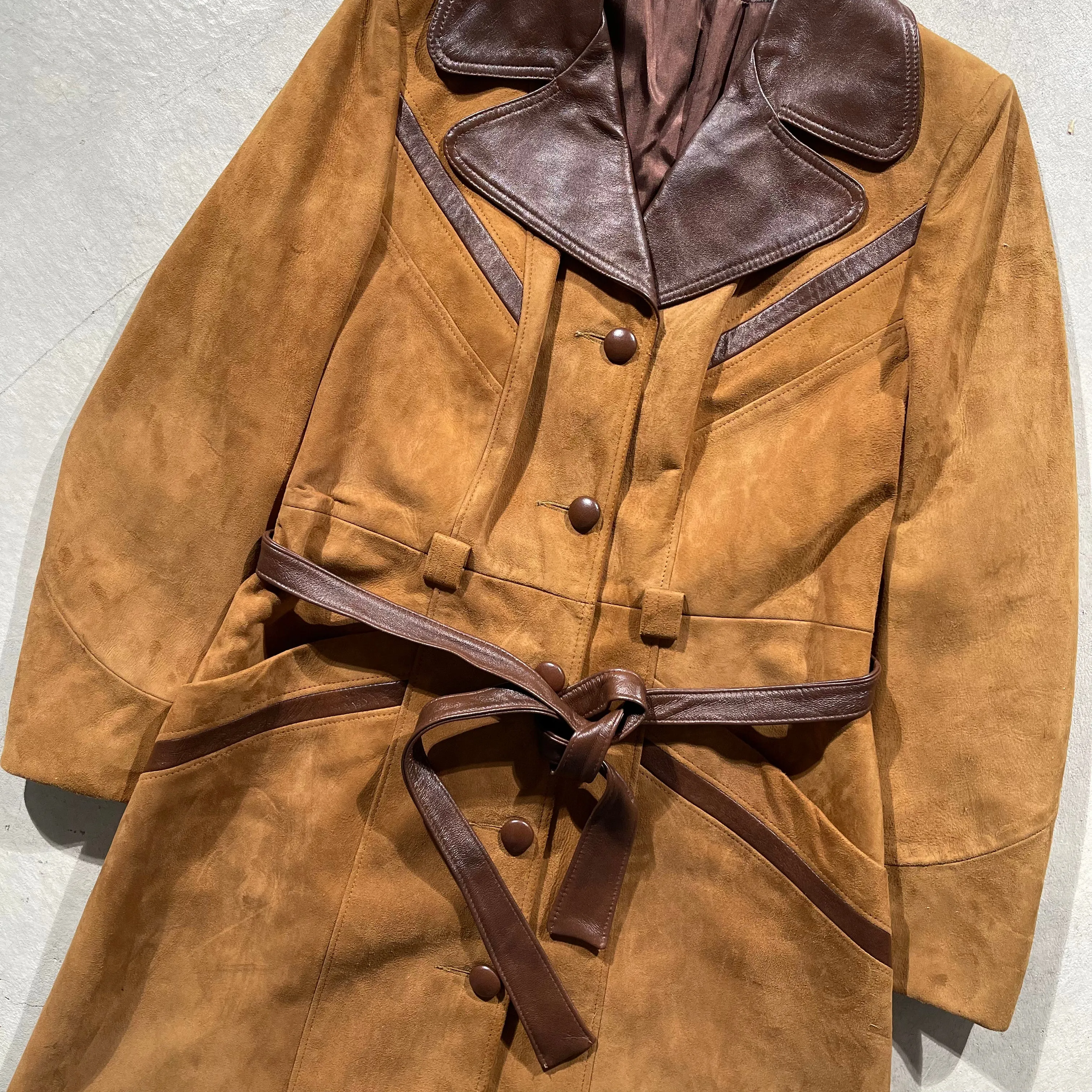 70s Tan Suede & Leather Trench Coat- M