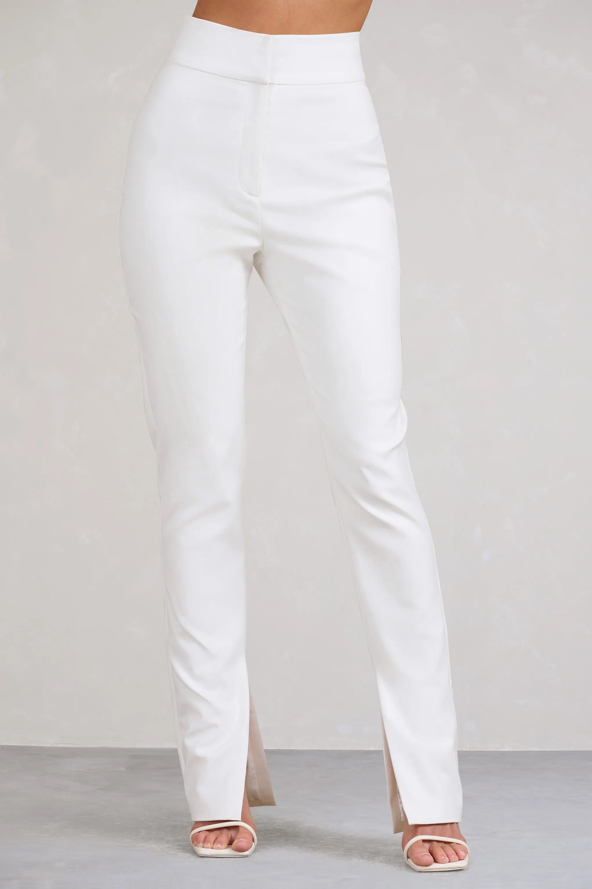 Addilyn | White Cotton-Blend Tailored Straight-Leg Split Trousers