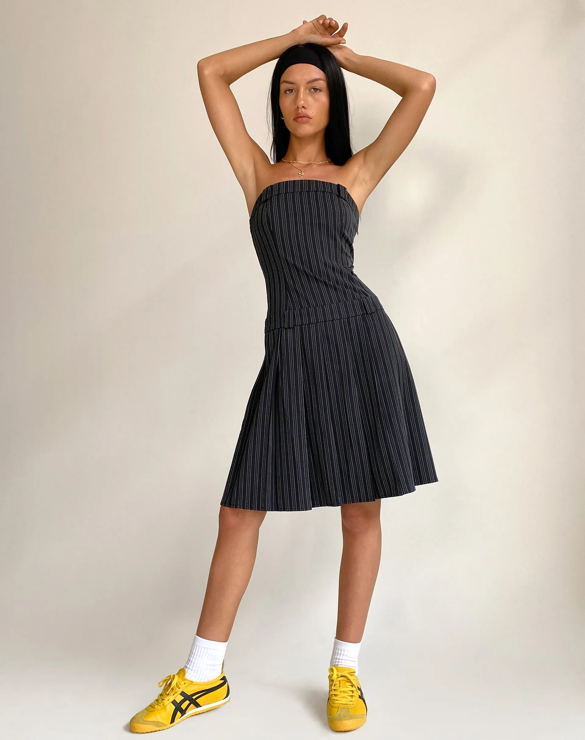 Aldari Bandeau Midi Dress in Tailoring Black Pinstripe