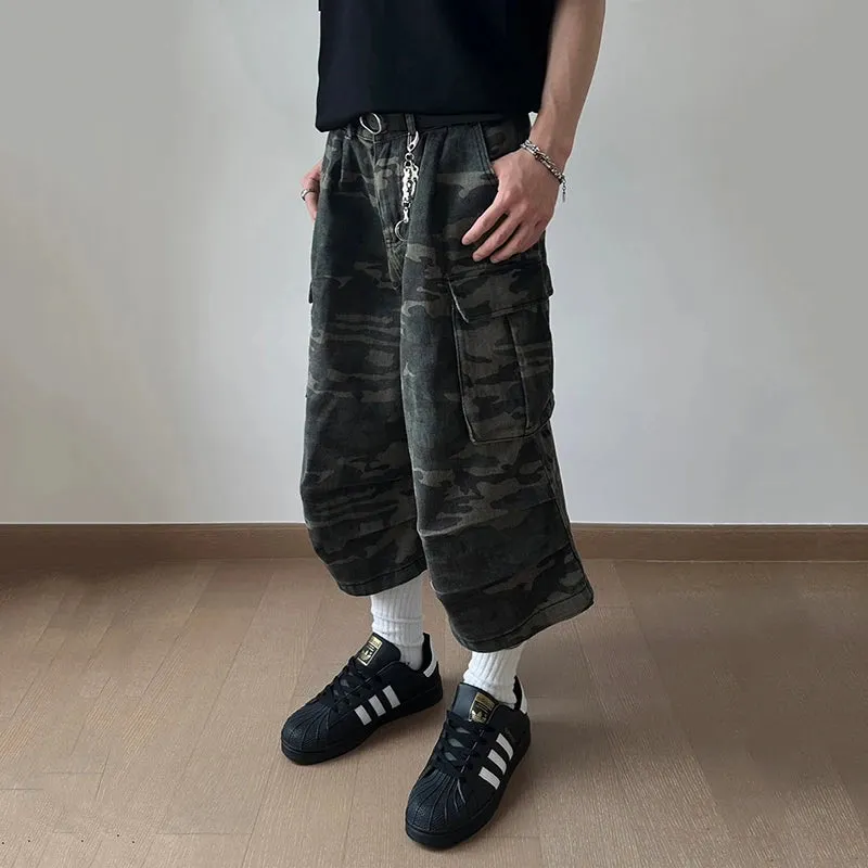 American Style Men's Denim Shorts Large Pocket Camouflage Workwear Trousers Straight Leg Casual Male Jeans 9C6708