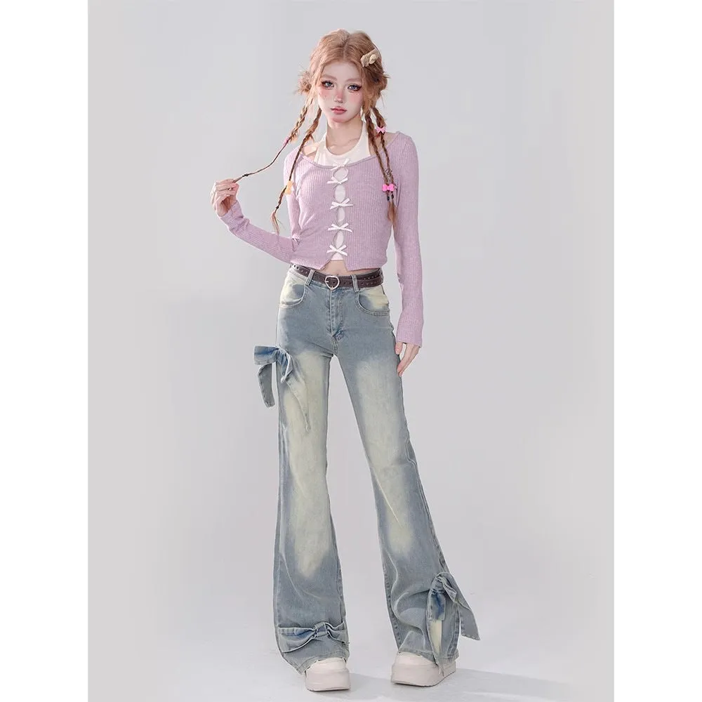 Amozae 90s streetwear American Style Retro Bow Micro Flared Jeans for Women 2024 New Summer High Waist Mopping Pants Fashion