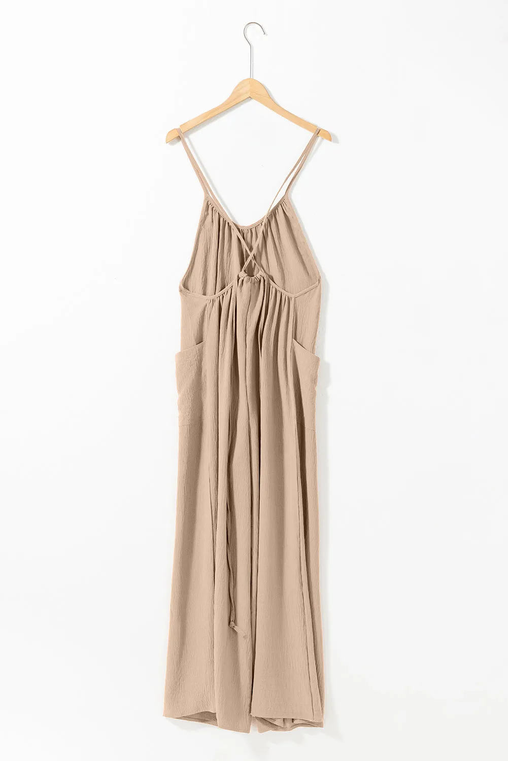 Apricot Spaghetti Straps Waist Tie Wide Leg Jumpsuit with Pockets