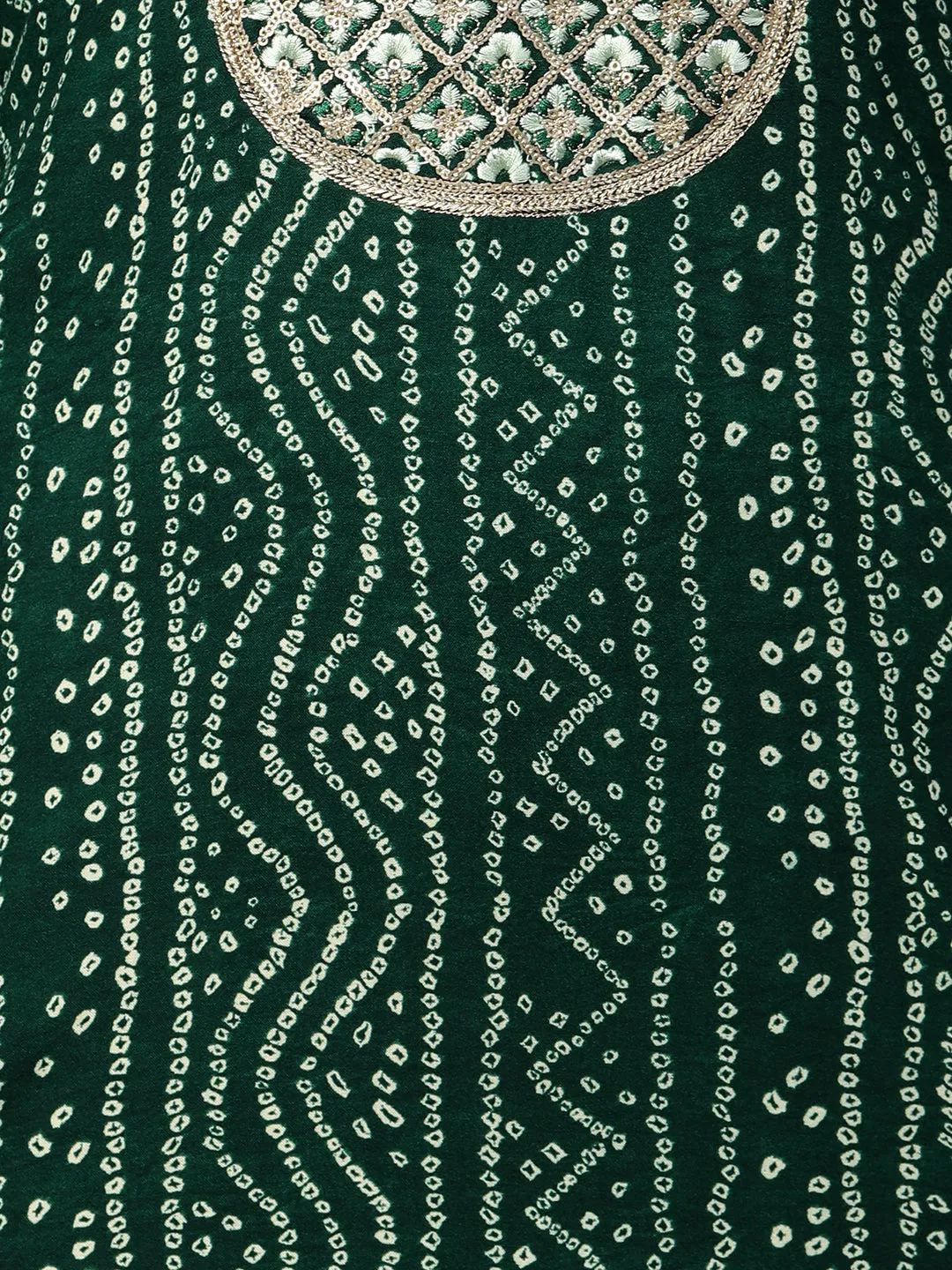 Bandhani Printed & Sequin Embroidered Straight Kurta - Emerald Green