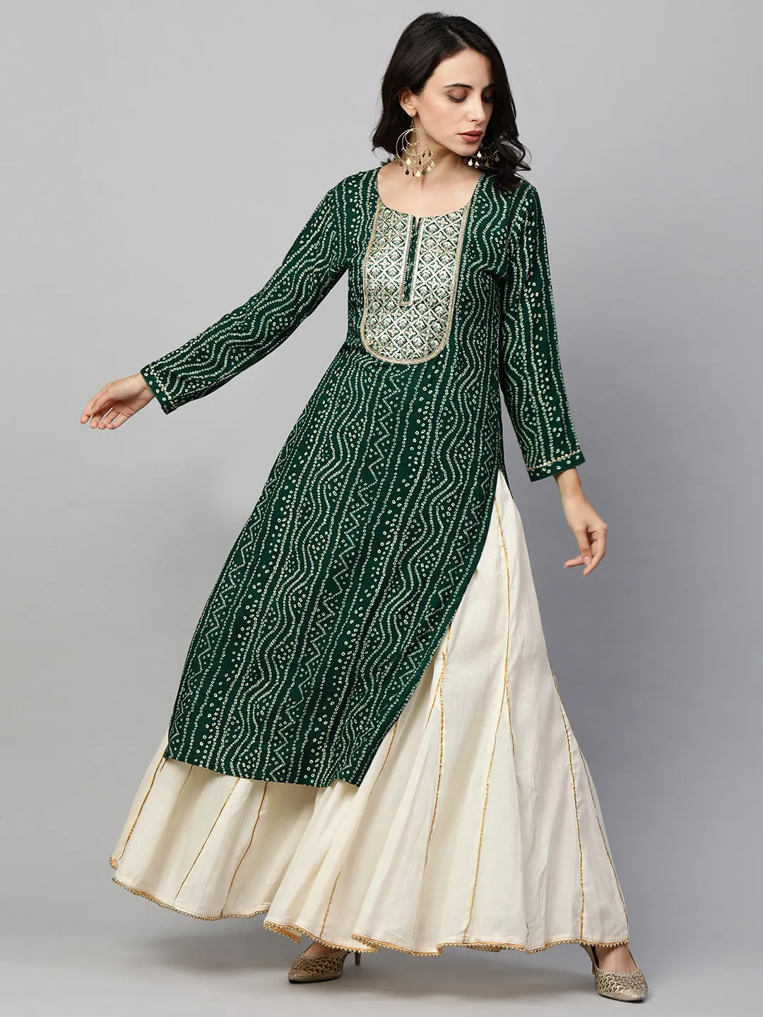 Bandhani Printed & Sequin Embroidered Straight Kurta - Emerald Green