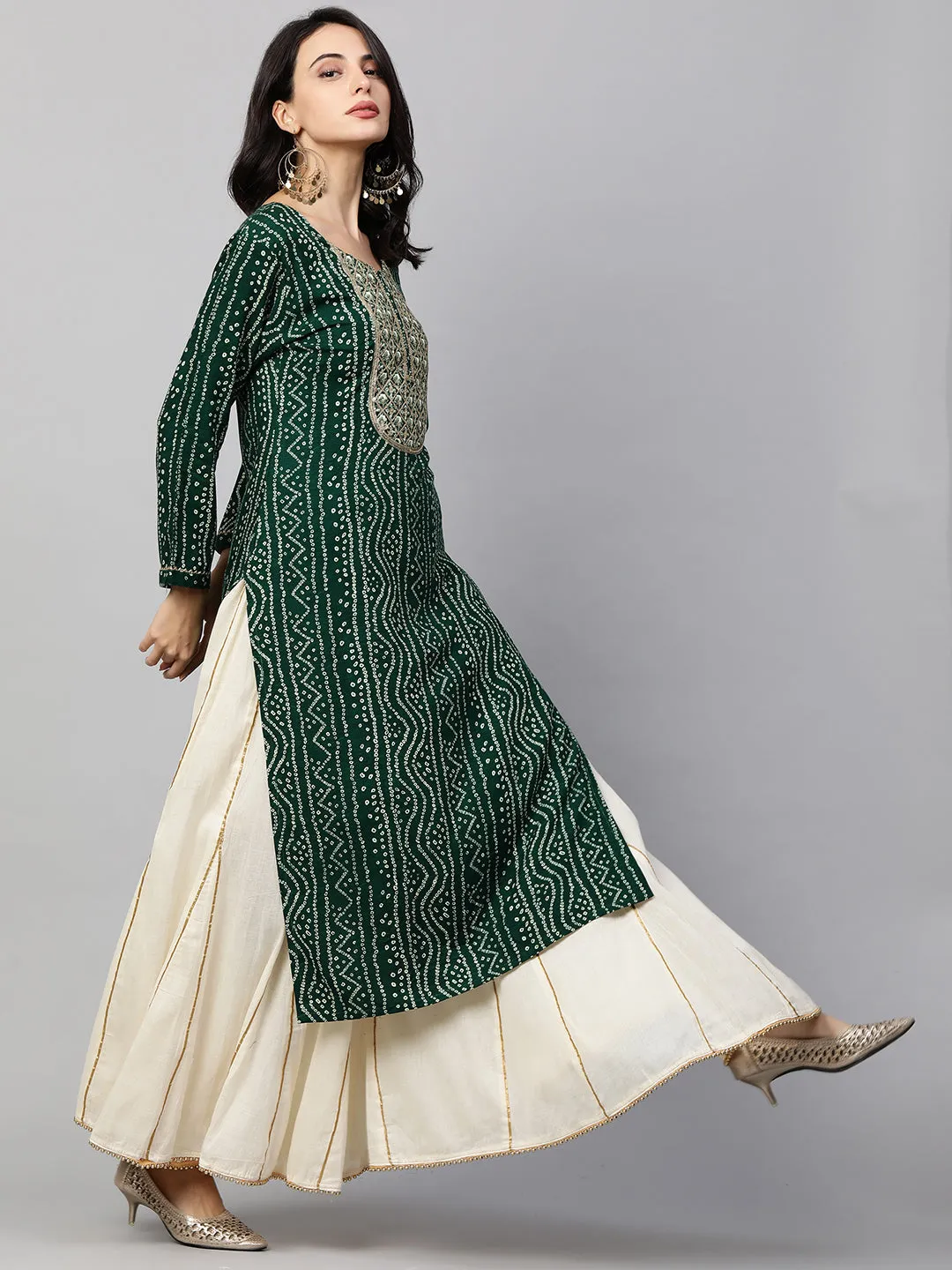 Bandhani Printed & Sequin Embroidered Straight Kurta - Emerald Green