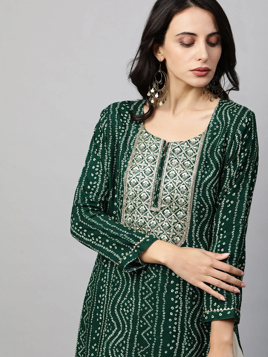 Bandhani Printed & Sequin Embroidered Straight Kurta - Emerald Green