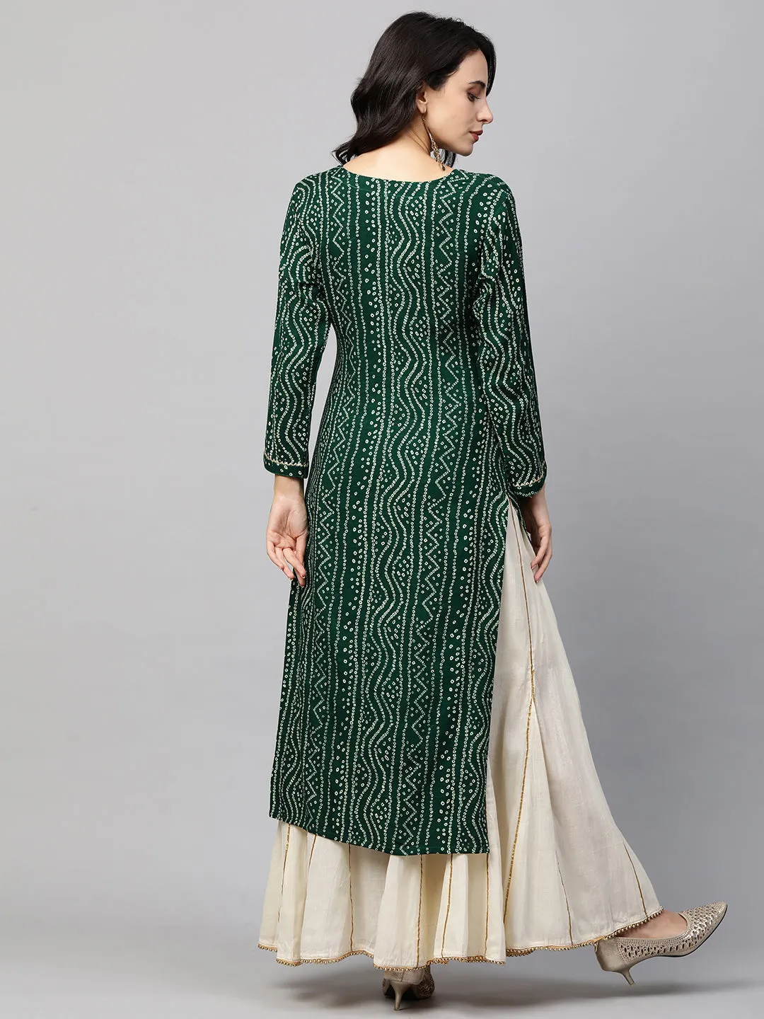 Bandhani Printed & Sequin Embroidered Straight Kurta - Emerald Green