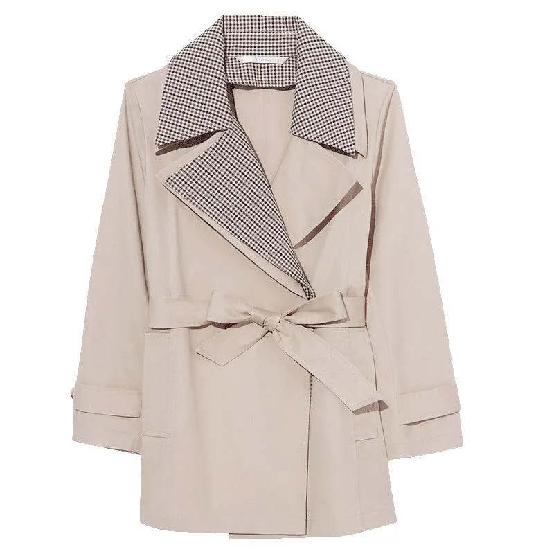 Beige Removable Double Plaid Collar Tench Coat