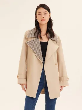 Beige Removable Double Plaid Collar Tench Coat