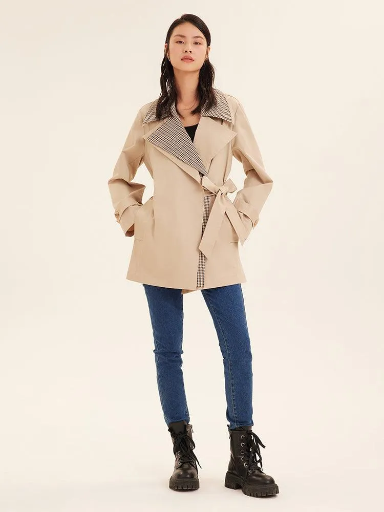 Beige Removable Double Plaid Collar Tench Coat