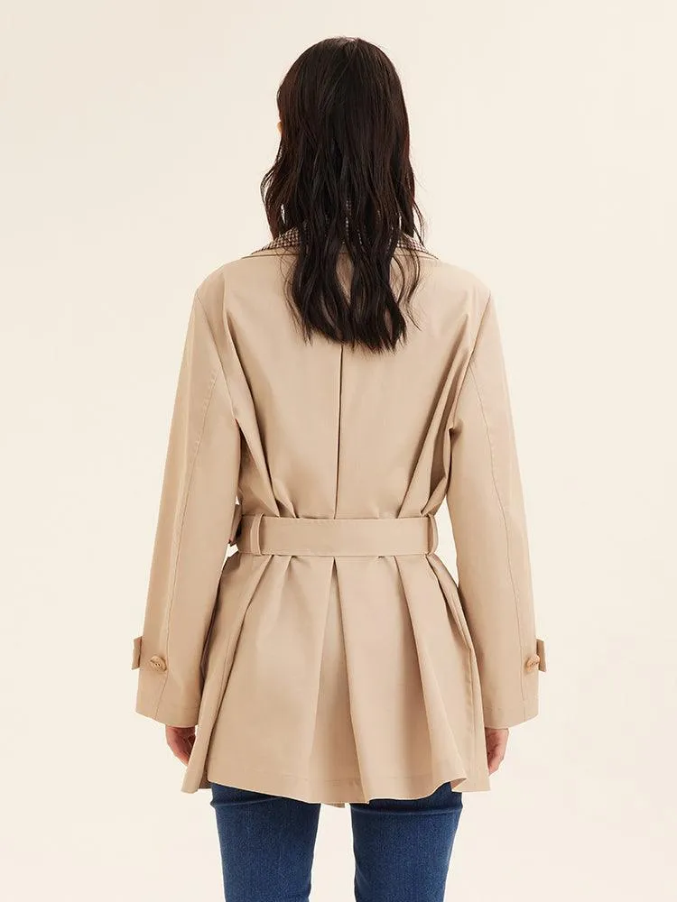 Beige Removable Double Plaid Collar Tench Coat