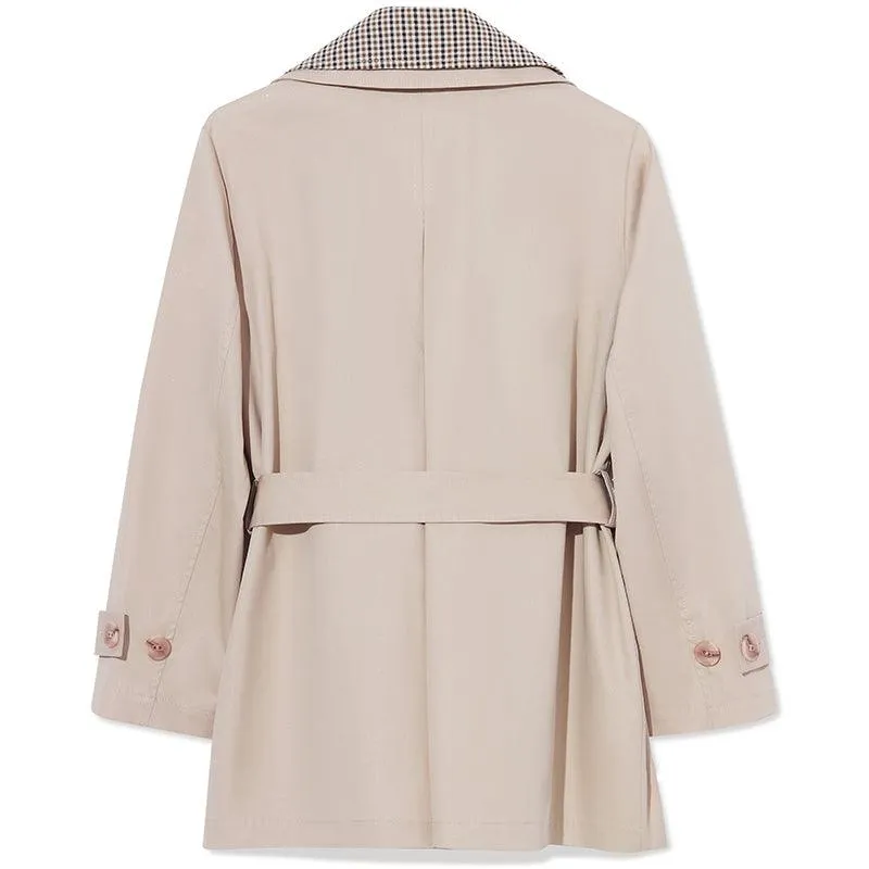 Beige Removable Double Plaid Collar Tench Coat