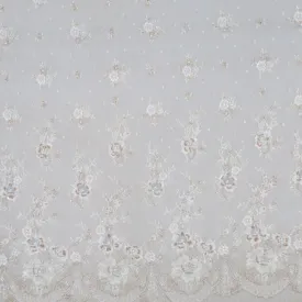 Beige Tulle with Gold Bugle Beads Sequin and Rhinestones Floral Design Embroidered Fabric