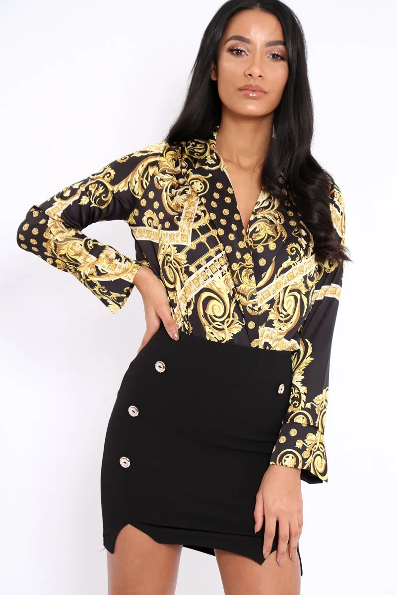 Black and Gold Scarf Print Satin Plunge Bodysuit - Moniqua