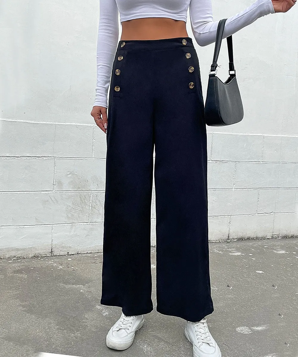 Black Double Button Wide Leg Pants