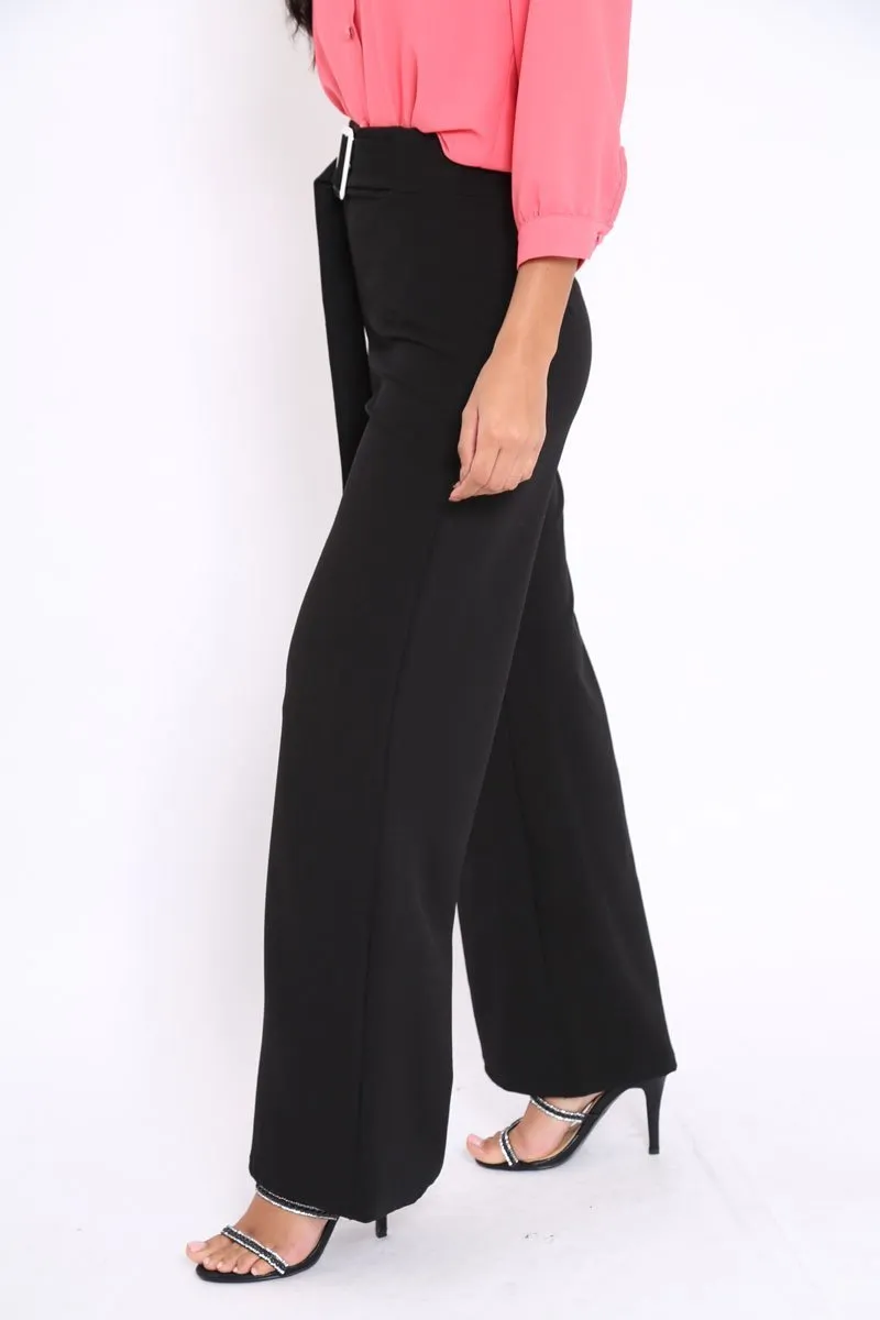 Black High Waist Wide Leg Trousers with Buckle - Monico