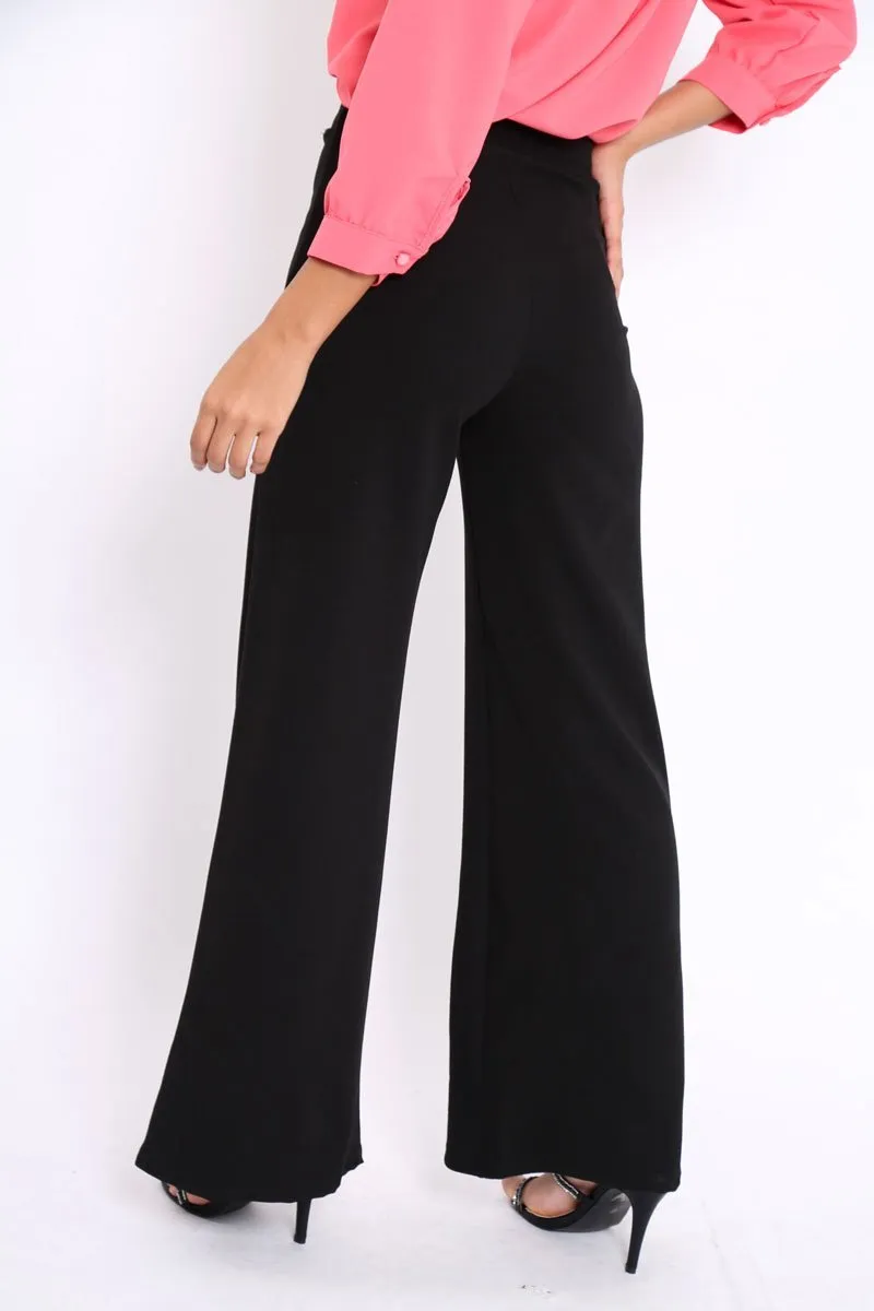 Black High Waist Wide Leg Trousers with Buckle - Monico