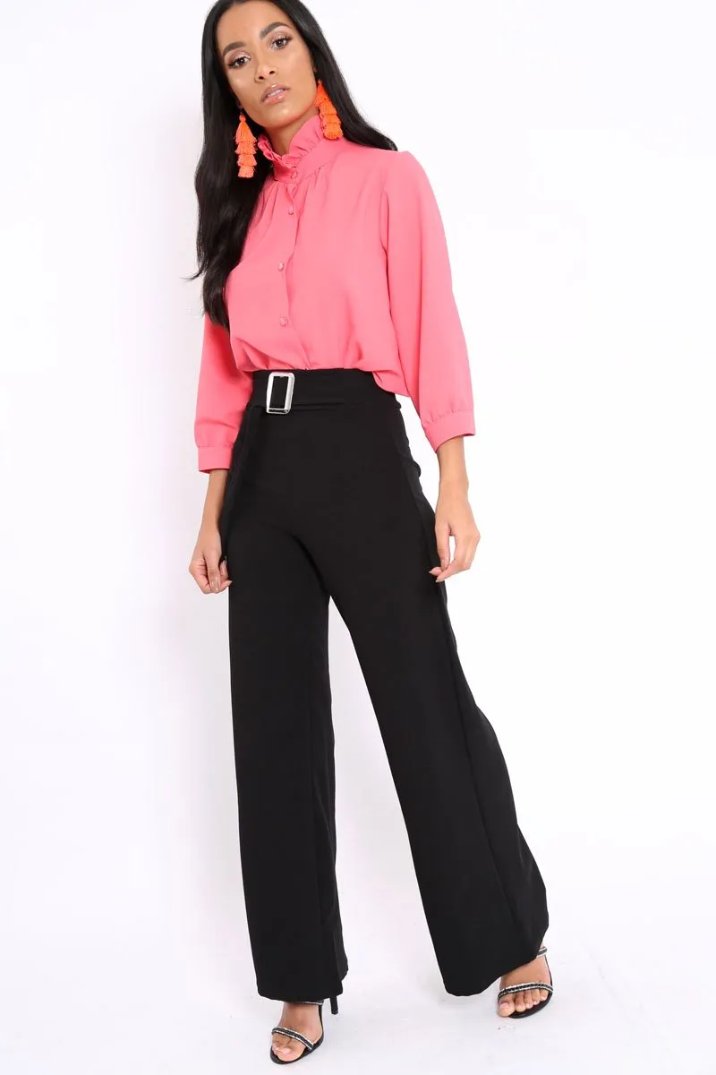 Black High Waist Wide Leg Trousers with Buckle - Monico