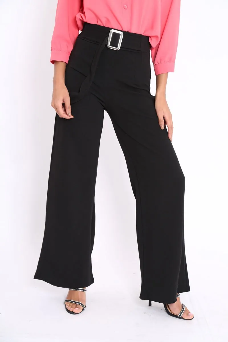 Black High Waist Wide Leg Trousers with Buckle - Monico