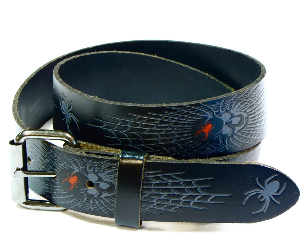 Black Leather Belt w/ Spider, Skull and Web Detail