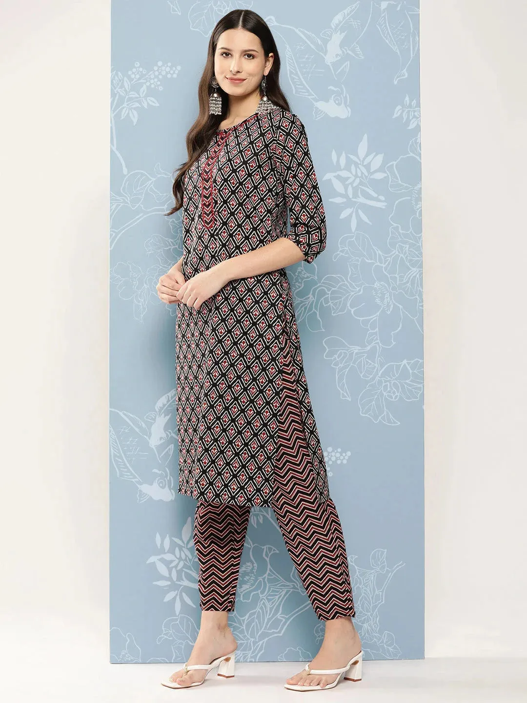 Black Printed Pure Cotton Kurta With Trousers & Dupatta