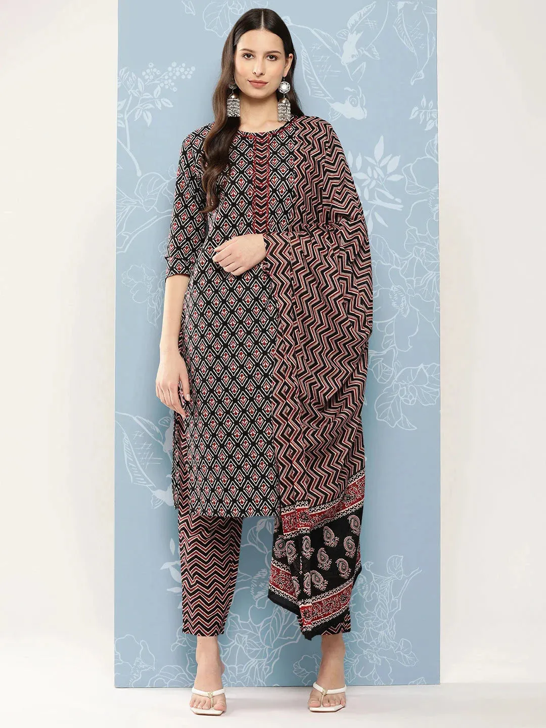 Black Printed Pure Cotton Kurta With Trousers & Dupatta