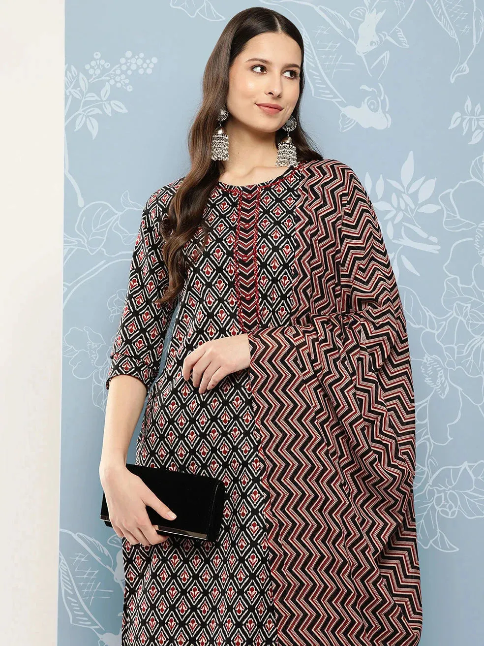 Black Printed Pure Cotton Kurta With Trousers & Dupatta