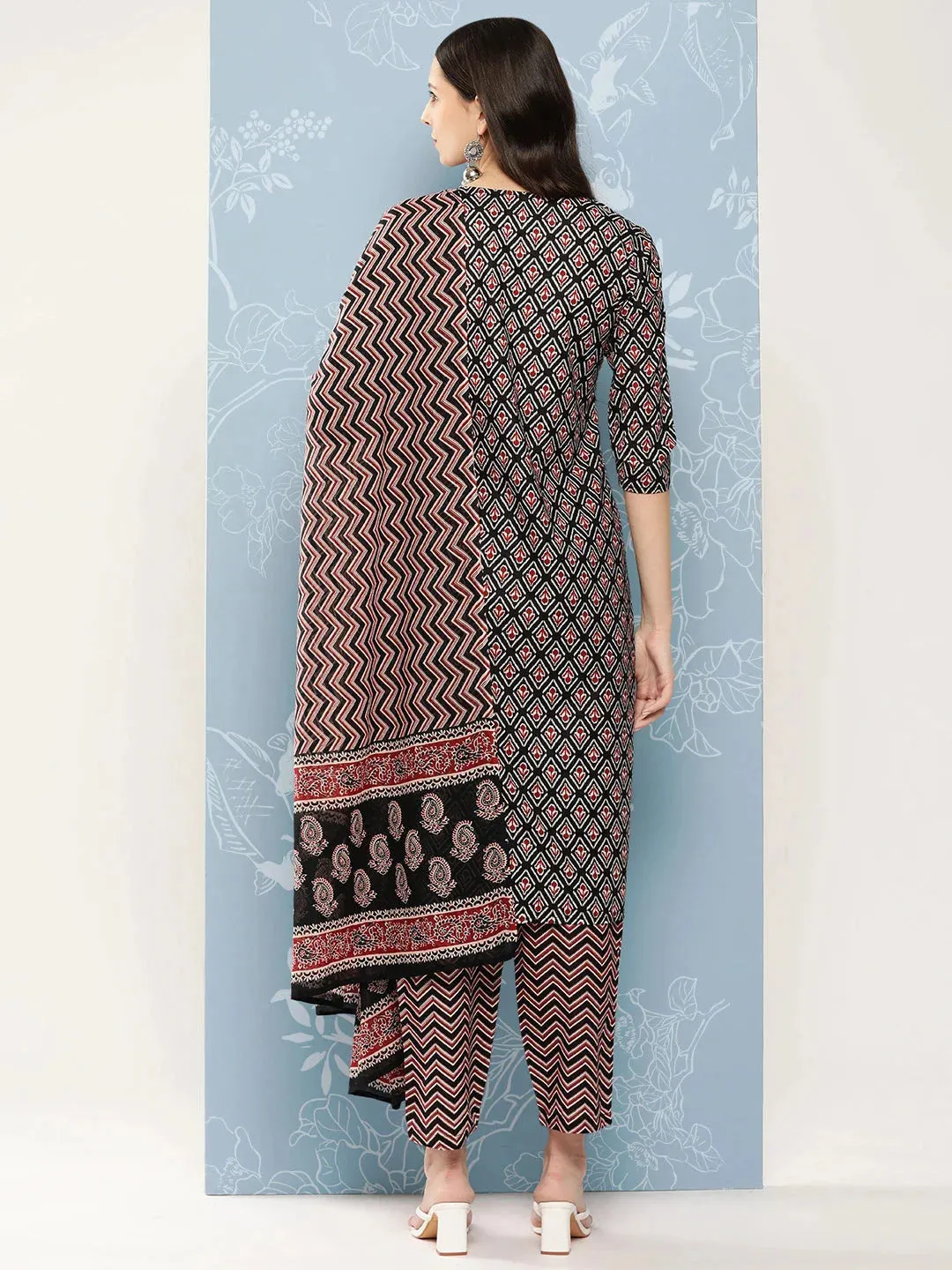 Black Printed Pure Cotton Kurta With Trousers & Dupatta