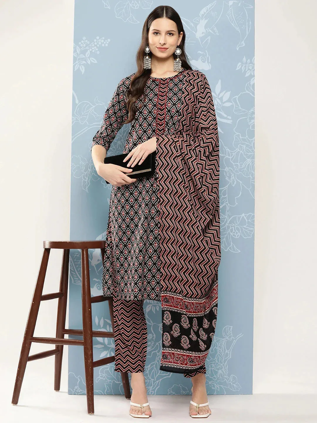 Black Printed Pure Cotton Kurta With Trousers & Dupatta