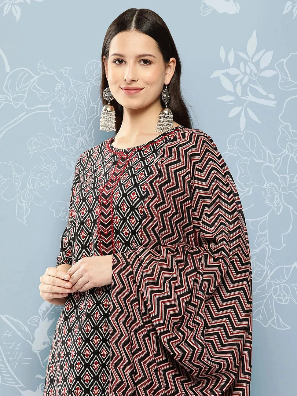 Black Printed Pure Cotton Kurta With Trousers & Dupatta