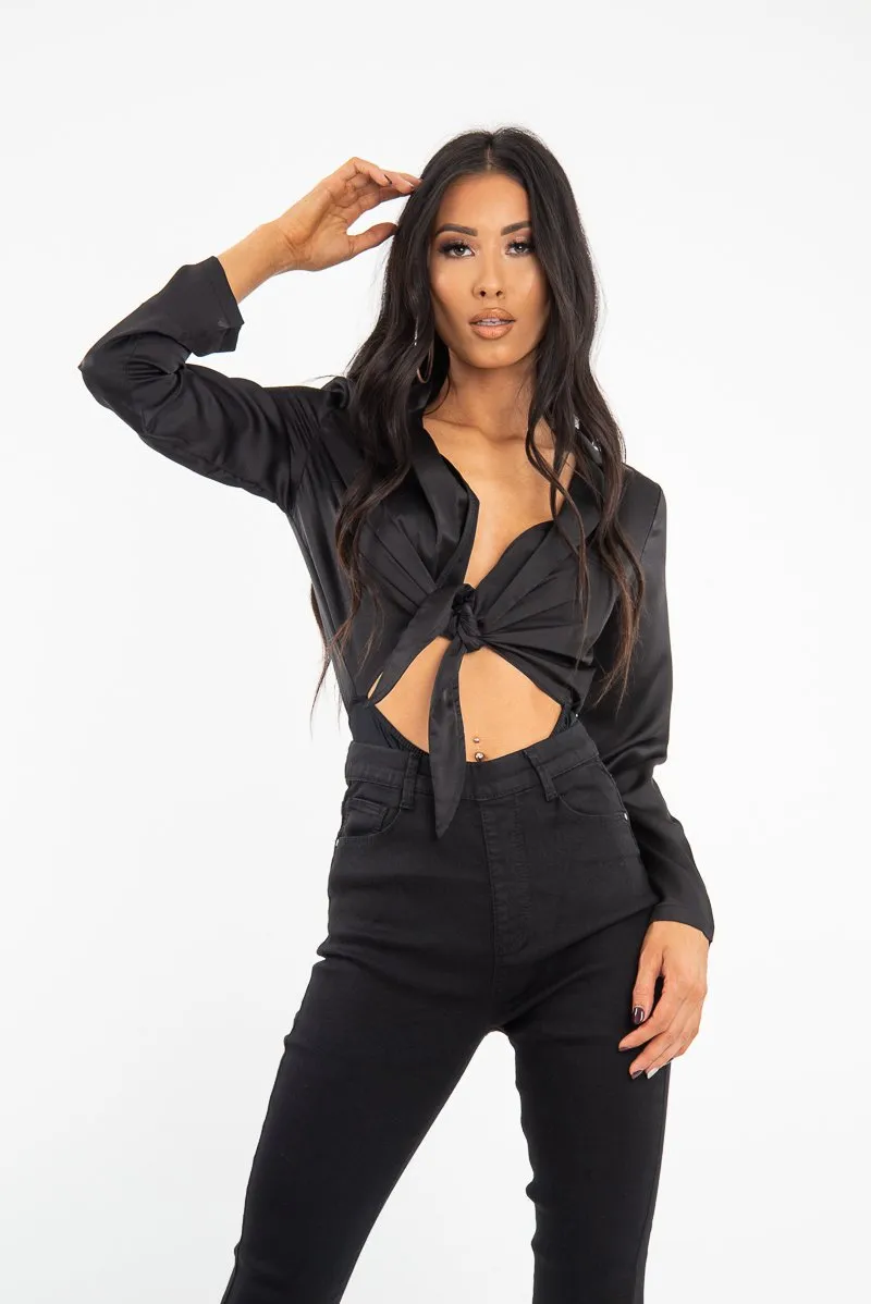 Black Satin Cut Out Tie Front Bodysuit - Ezabella