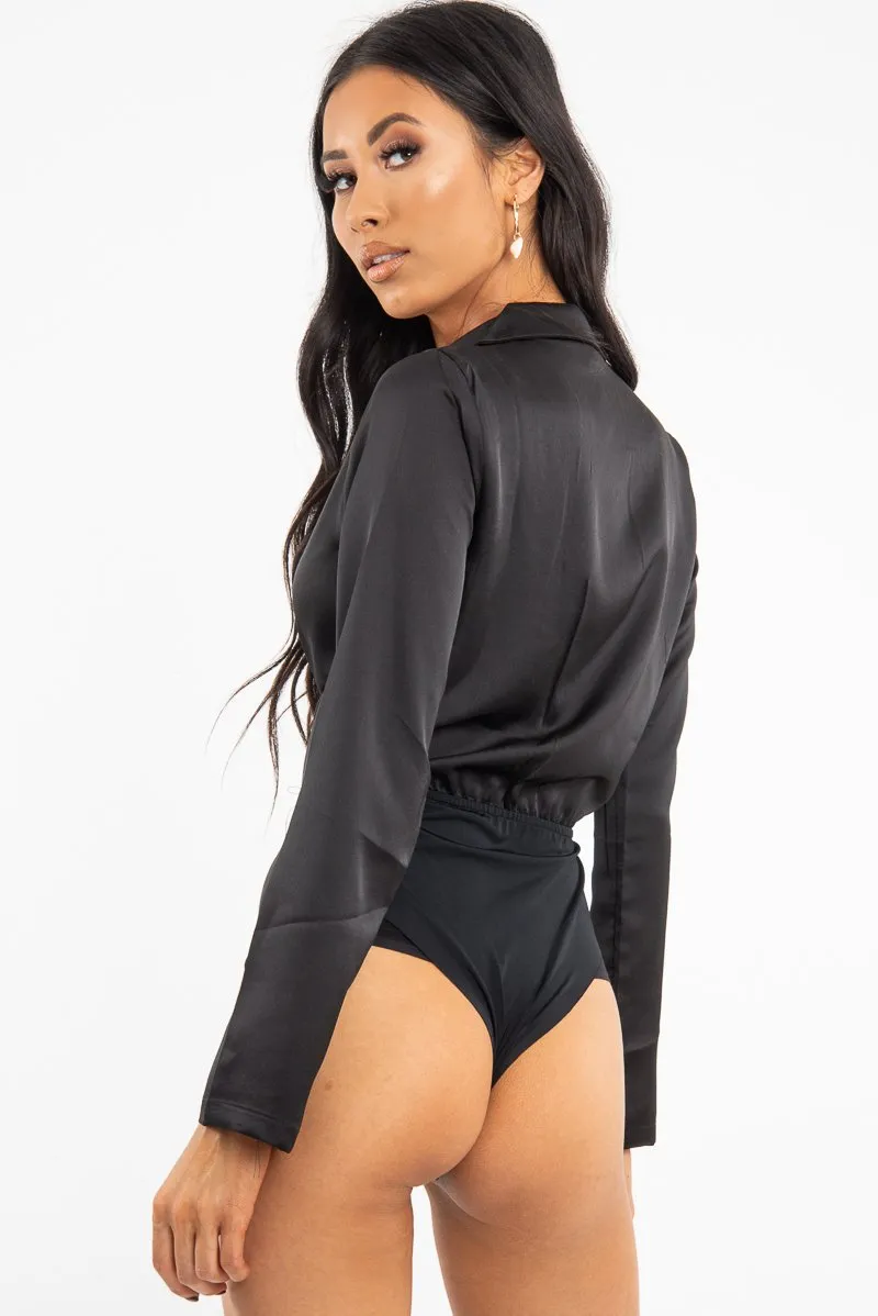 Black Satin Cut Out Tie Front Bodysuit - Ezabella