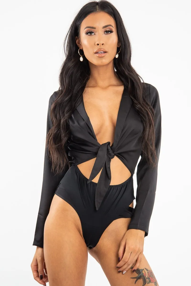 Black Satin Cut Out Tie Front Bodysuit - Ezabella