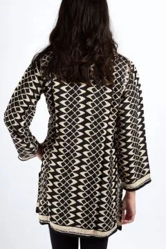 Black Silk Blend Tunic w/ Khaki Embroidery