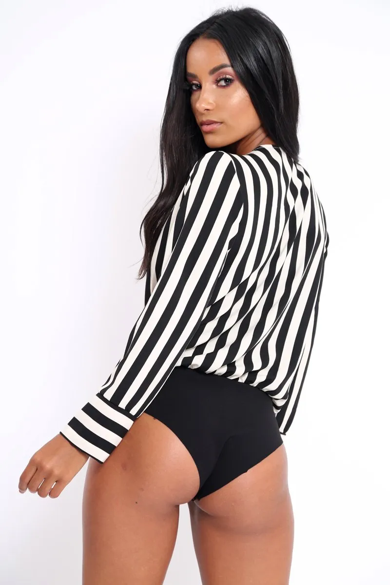 Black Stripe Plunge Satin Bodysuit - North